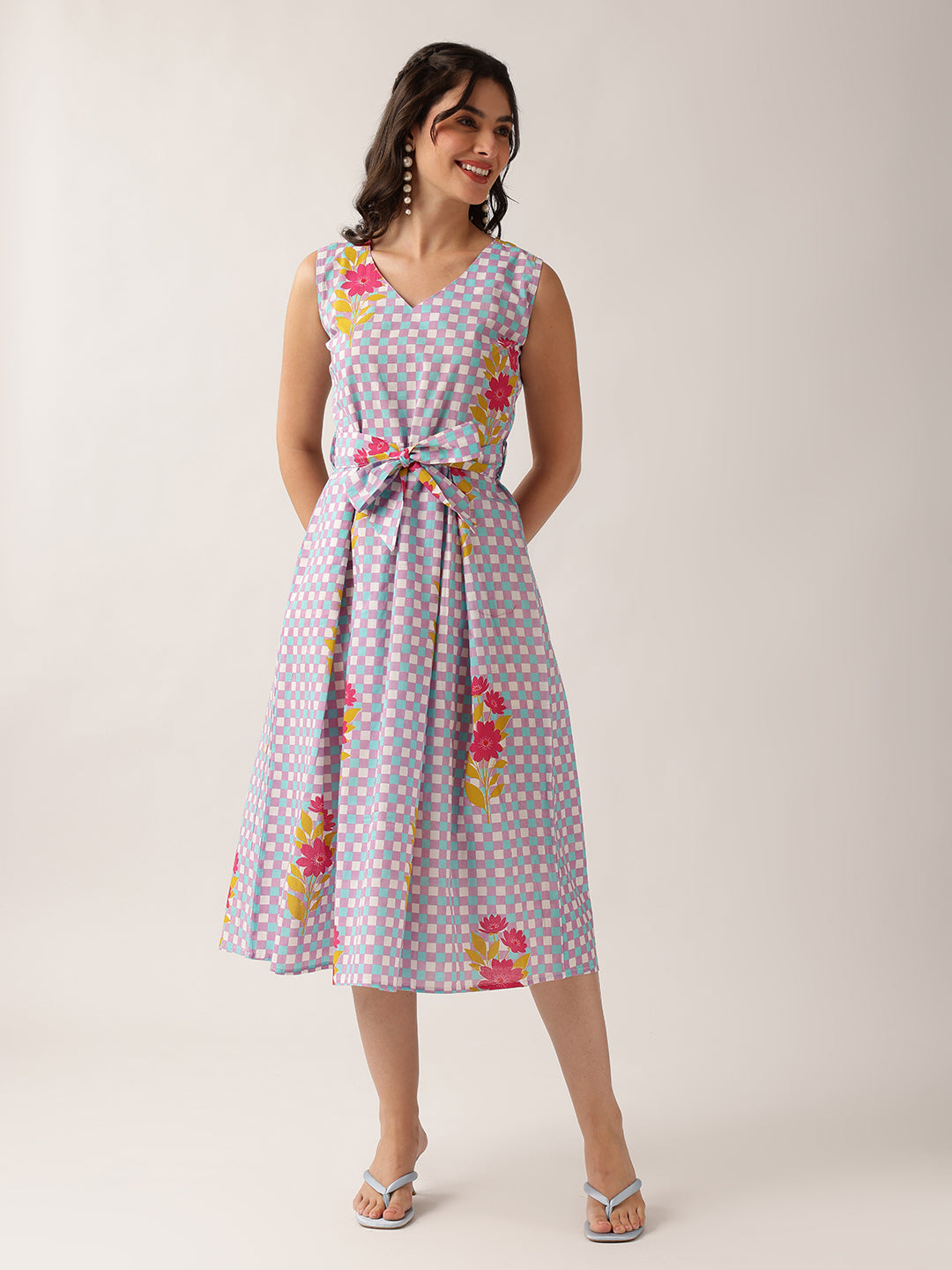 Sky Blue Checked A-Line Cotton Dress