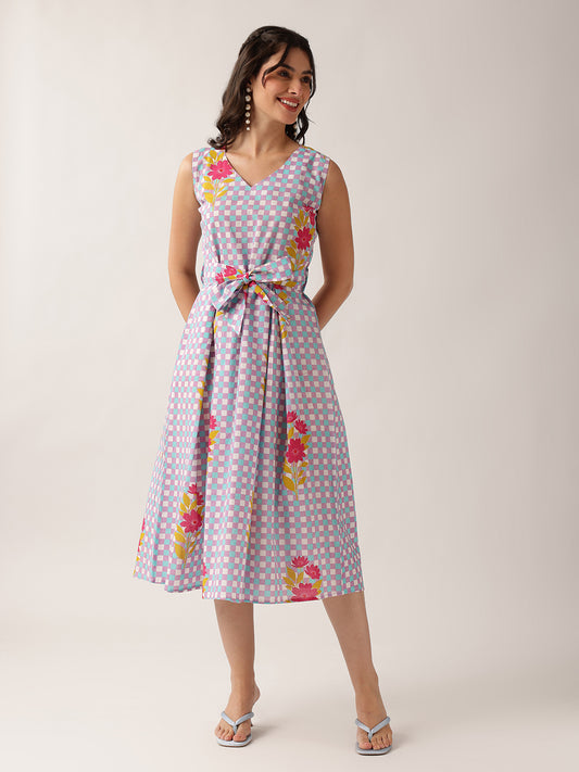 Sky Blue Checked A-Line Cotton Dress