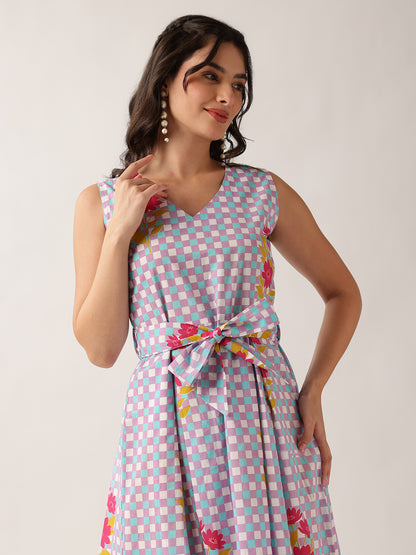 Sky Blue Checked A-Line Cotton Dress