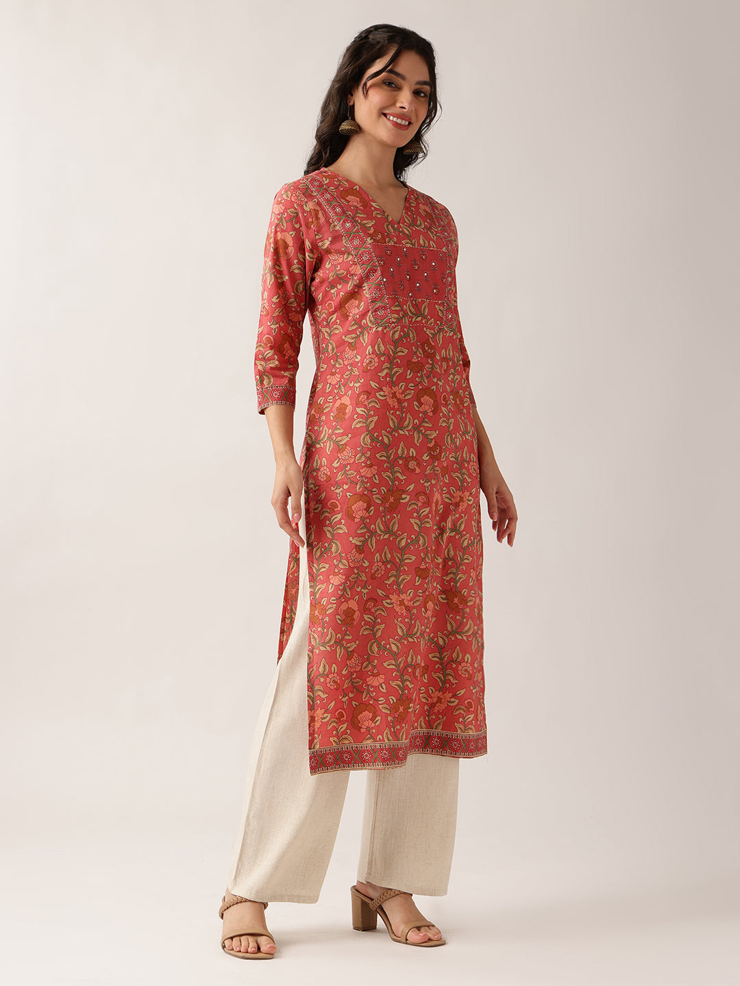 Vbuyz Women'S Peach Floral Straight Cotton Stitched Kurta