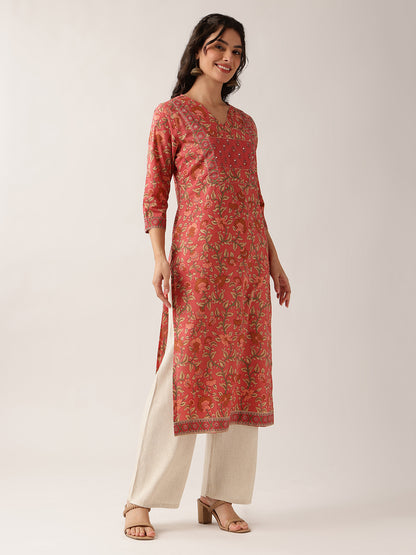 Vbuyz Women'S Peach Floral Straight Cotton Stitched Kurta