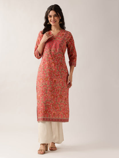 Vbuyz Women'S Peach Floral Straight Cotton Stitched Kurta