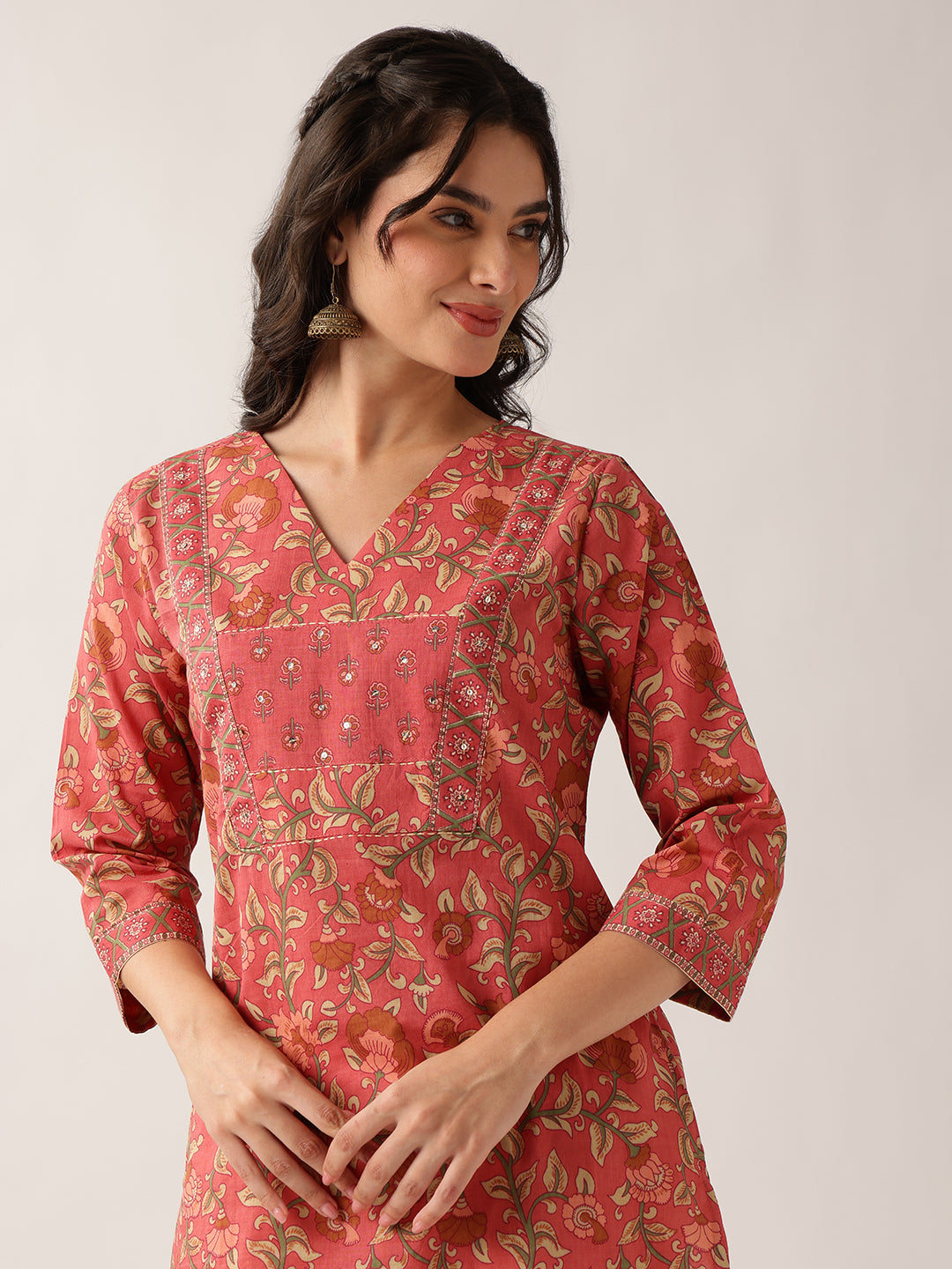 Vbuyz Women'S Peach Floral Straight Cotton Stitched Kurta