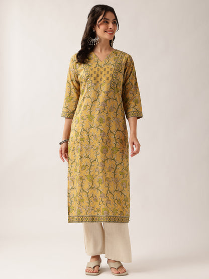 Yellow Floral Straight Cotton Kurta