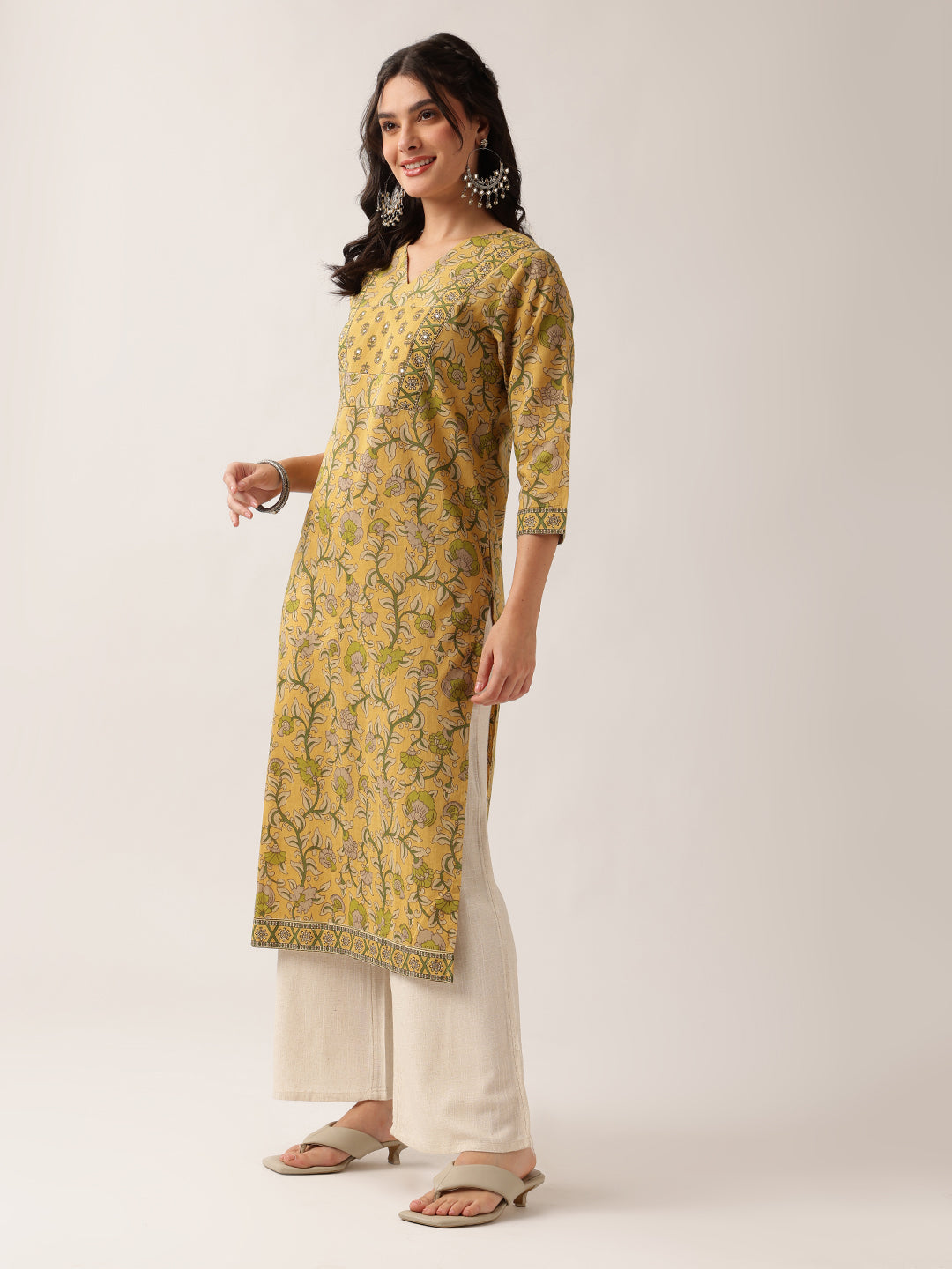 Yellow Floral Straight Cotton Kurta