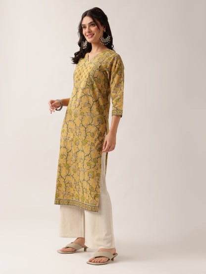 Yellow Floral Straight Cotton Kurta
