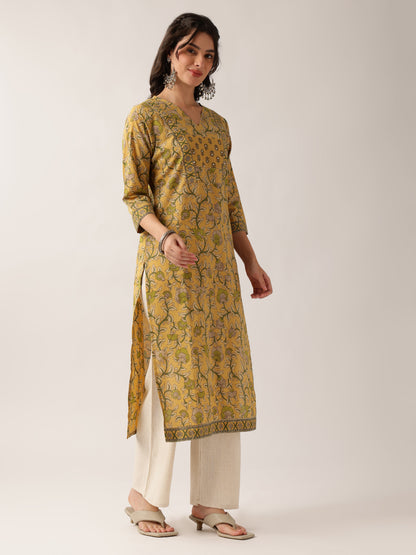Yellow Floral Straight Cotton Kurta