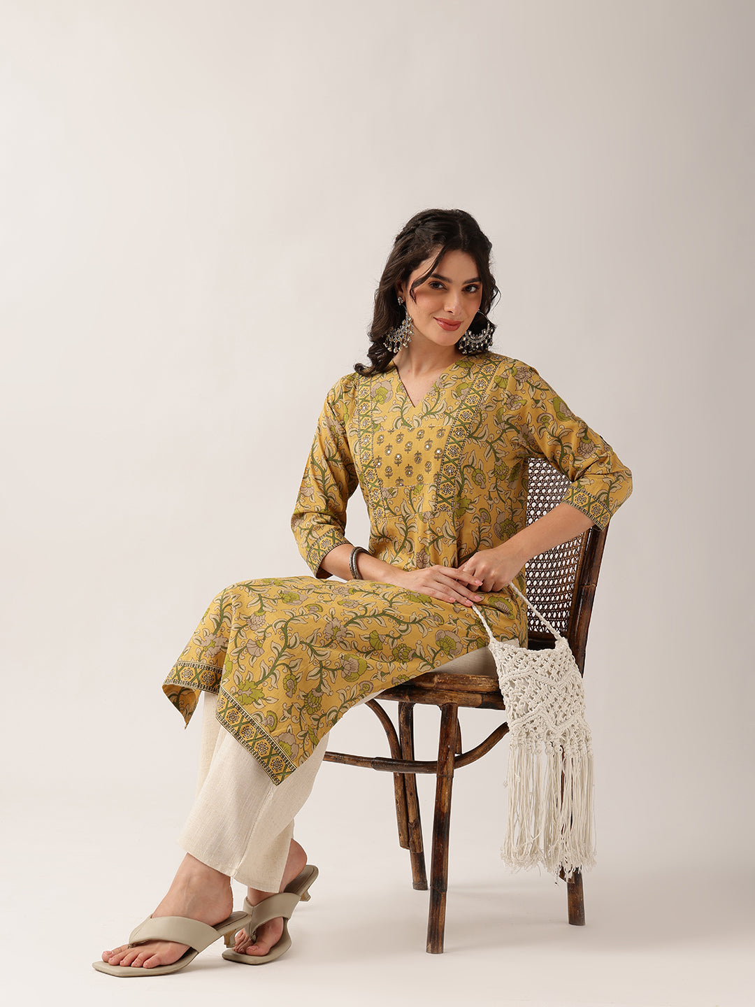 Yellow Floral Straight Cotton Kurta