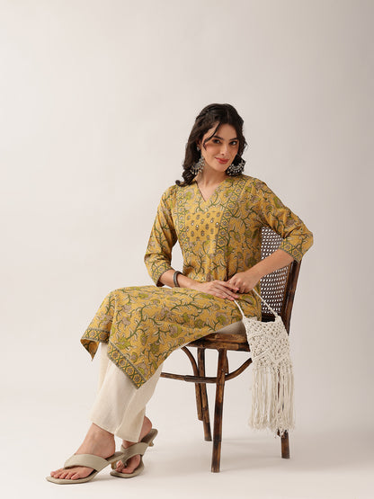 Yellow Floral Straight Cotton Kurta