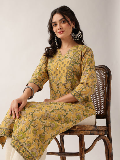Yellow Floral Straight Cotton Kurta
