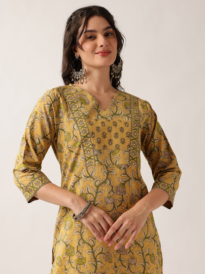 Yellow Floral Straight Cotton Kurta