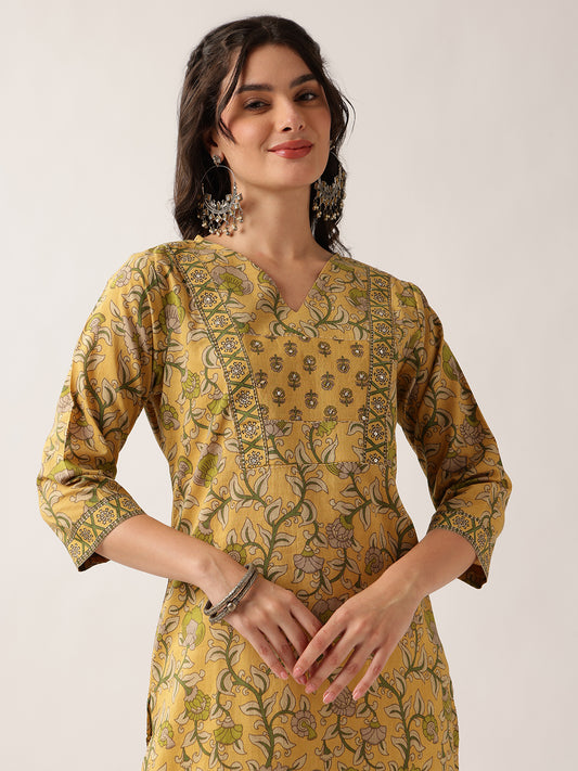Yellow Floral Straight Cotton Kurta