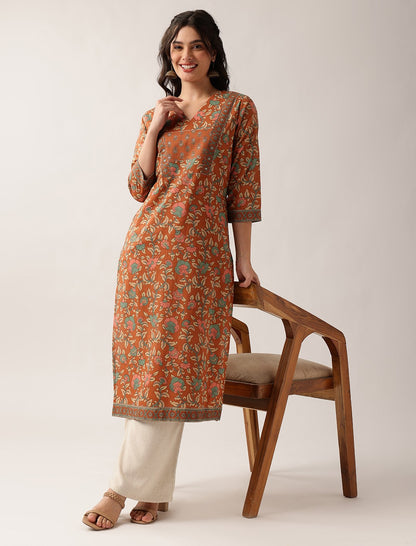 Vbuyz Women'S Coral (Orange) Floral Straight Cotton Stitched Kurta