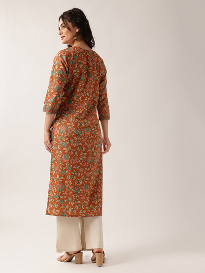 Vbuyz Women'S Coral (Orange) Floral Straight Cotton Stitched Kurta