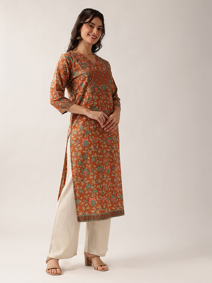 Vbuyz Women'S Coral (Orange) Floral Straight Cotton Stitched Kurta