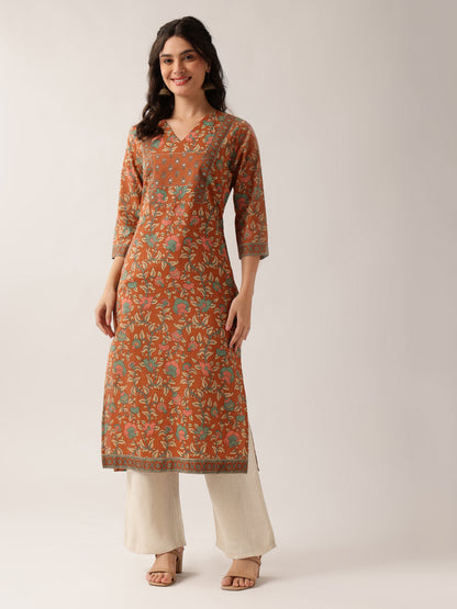 Vbuyz Women'S Coral (Orange) Floral Straight Cotton Stitched Kurta