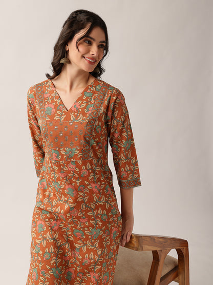 Vbuyz Women'S Coral (Orange) Floral Straight Cotton Stitched Kurta