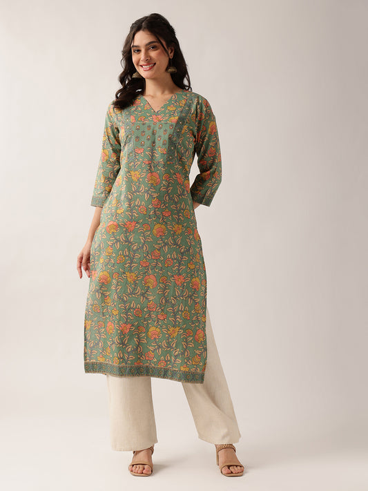 Sea Green Floral Straight Cotton Kurta