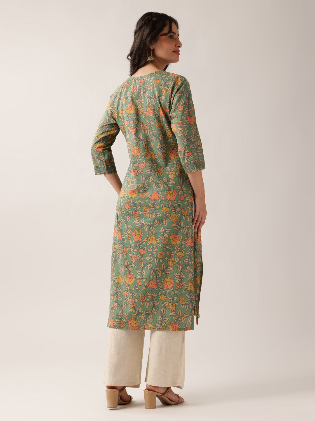 Sea Green Floral Straight Cotton Kurta