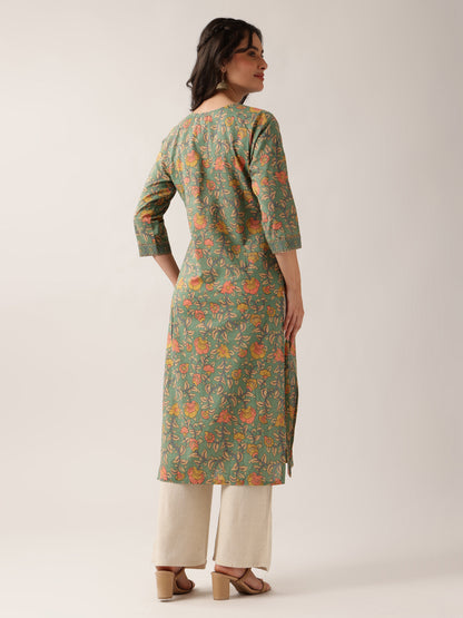 Sea Green Floral Straight Cotton Kurta
