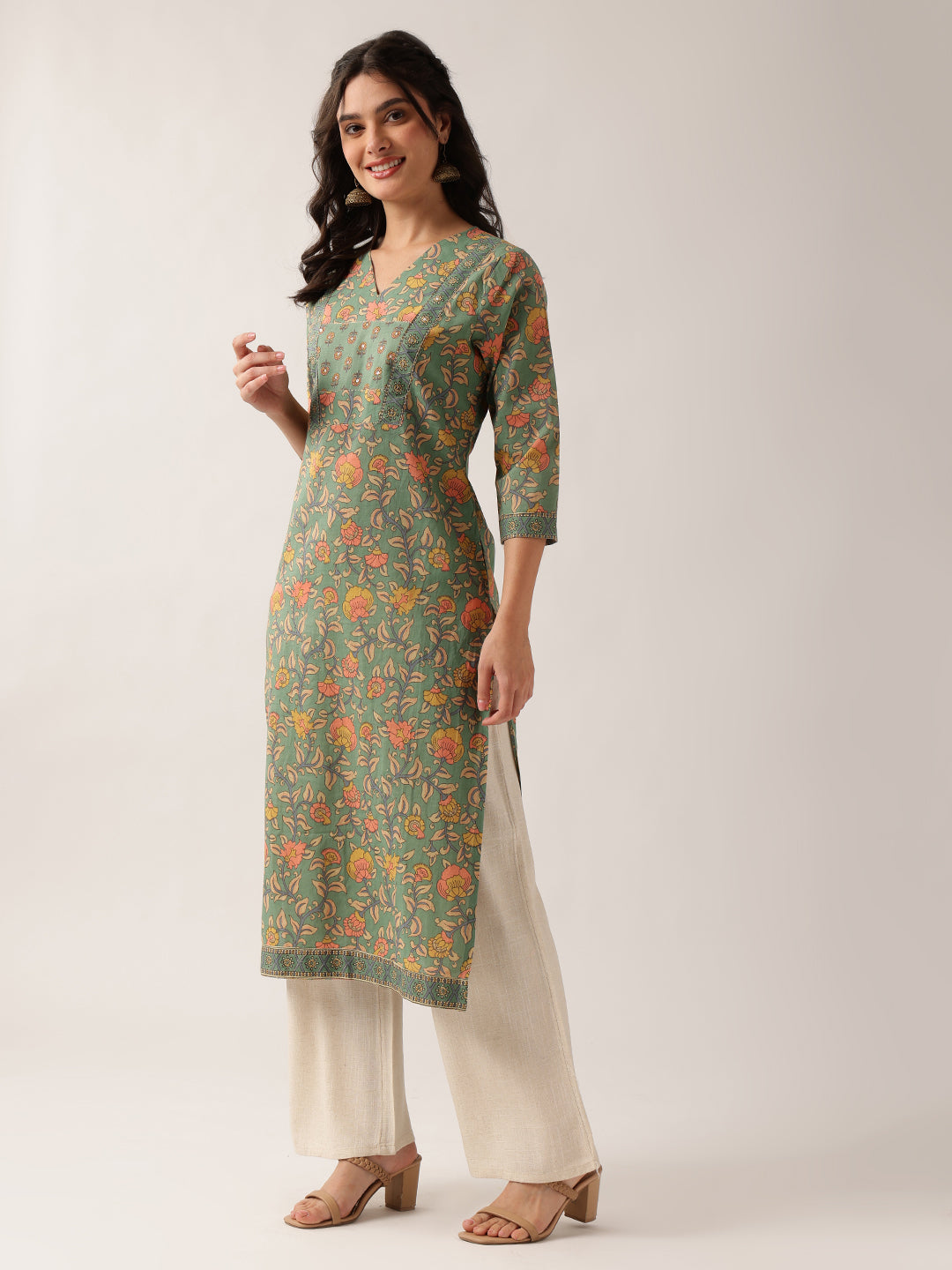 Sea Green Floral Straight Cotton Kurta