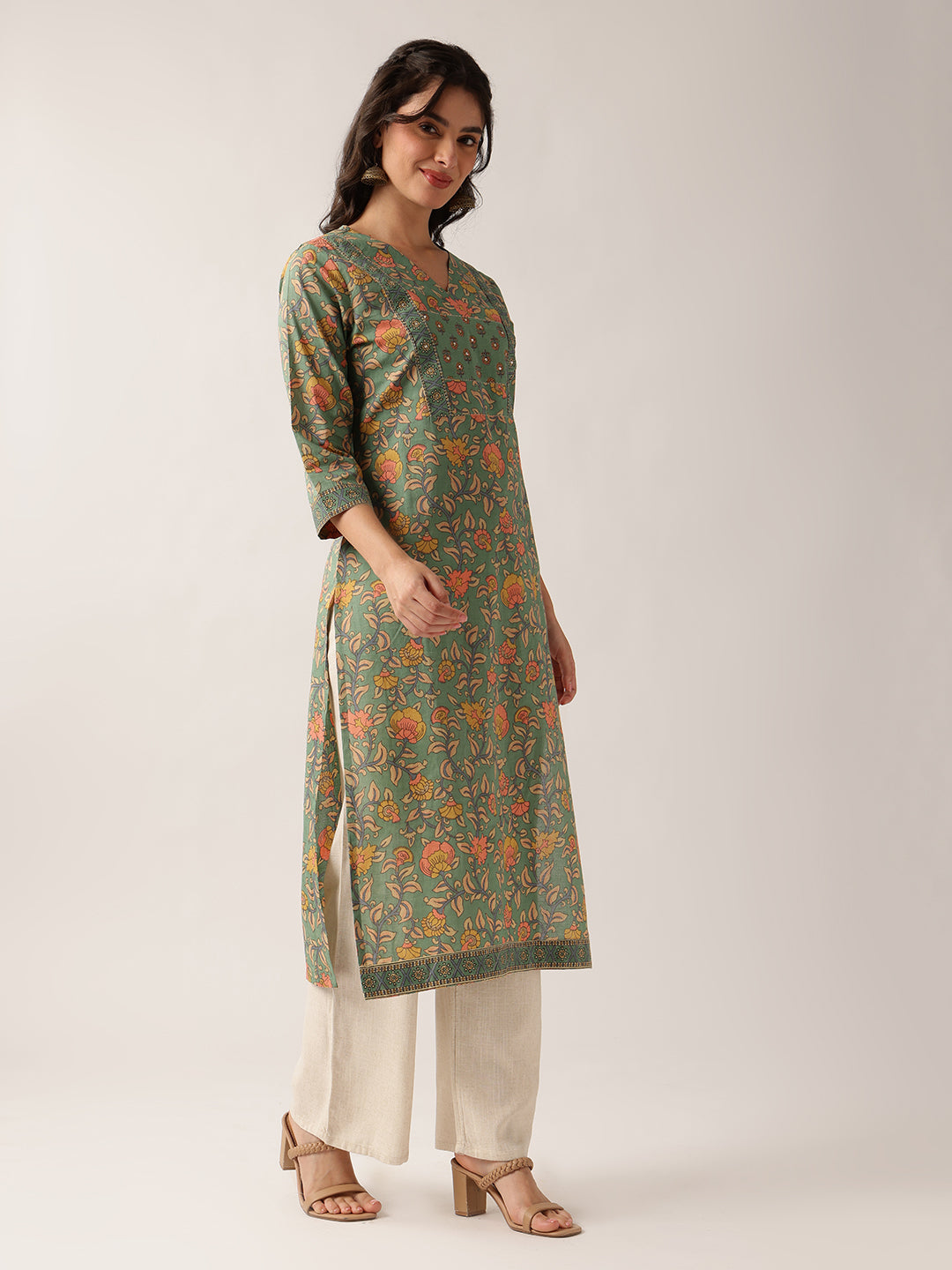 Sea Green Floral Straight Cotton Kurta