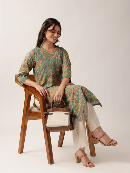Sea Green Floral Straight Cotton Kurta