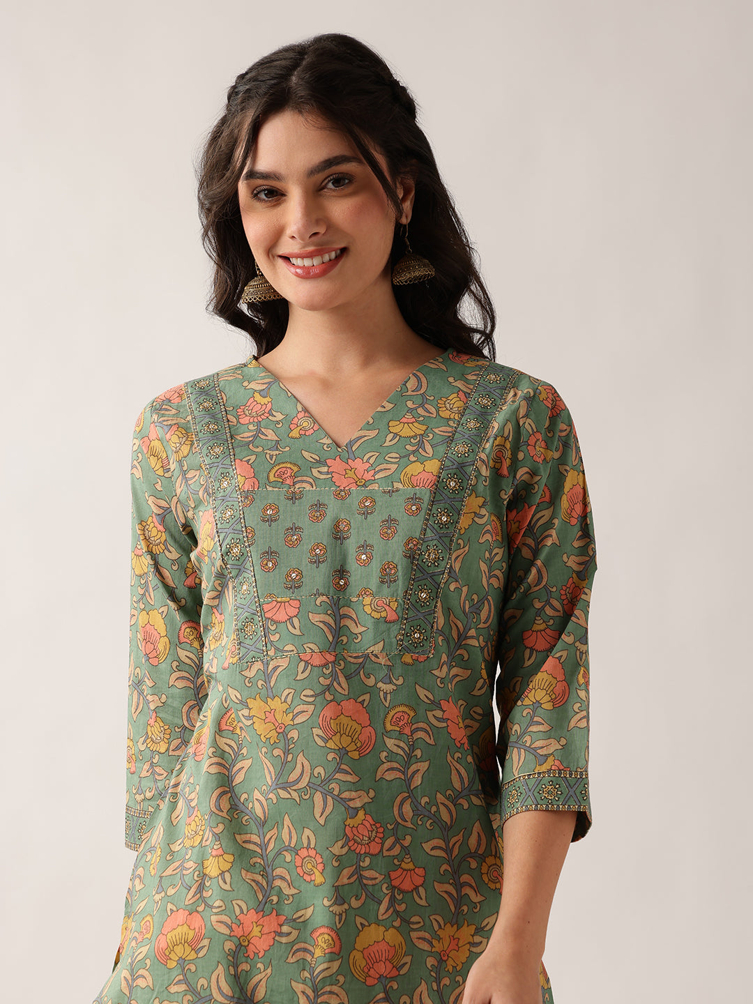Sea Green Floral Straight Cotton Kurta