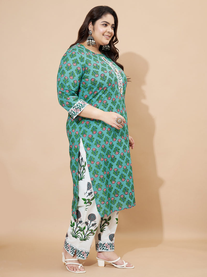 Green Floral Printed Straight Cotton Stiched Kurta Set  