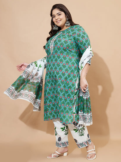 Green Floral Printed Straight Cotton Stiched Kurta Set  