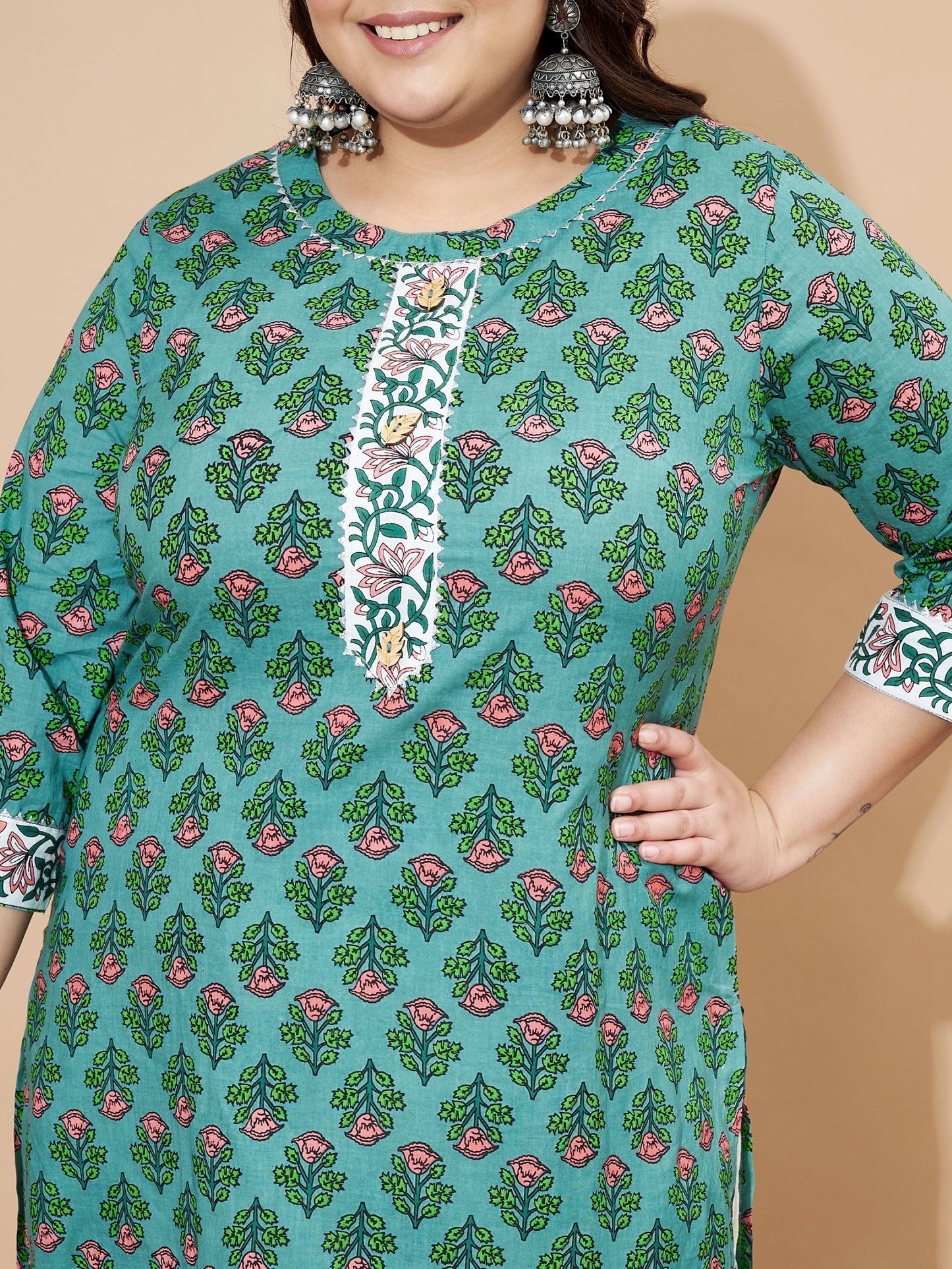 Green Floral Printed Straight Cotton Stiched Kurta Set  