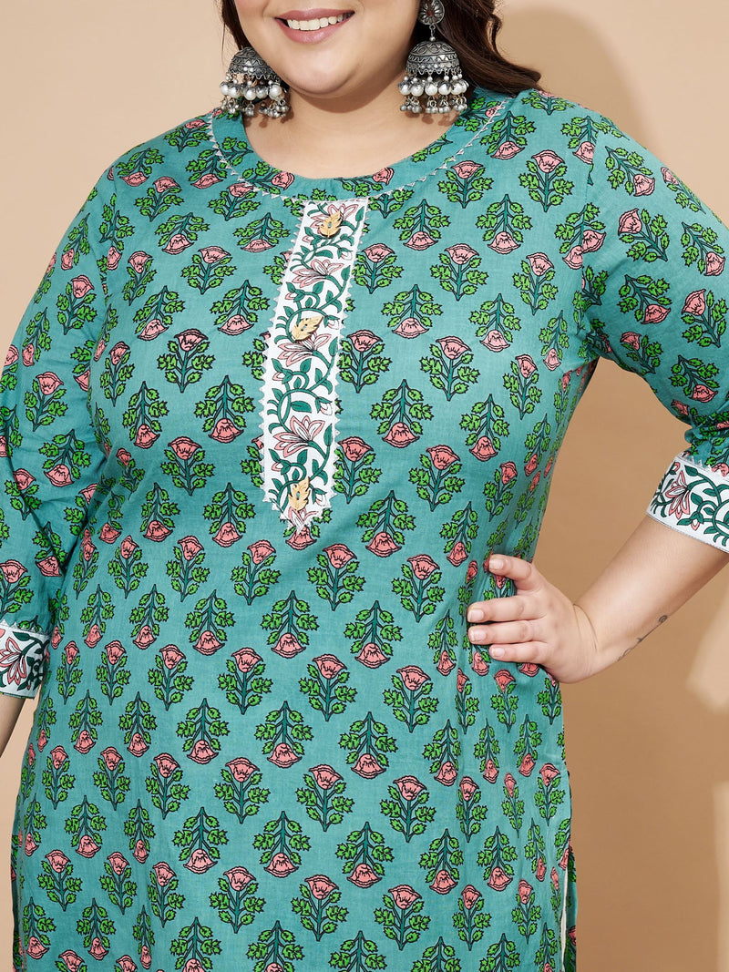 Green Floral Printed Straight Cotton Stiched Kurta Set  