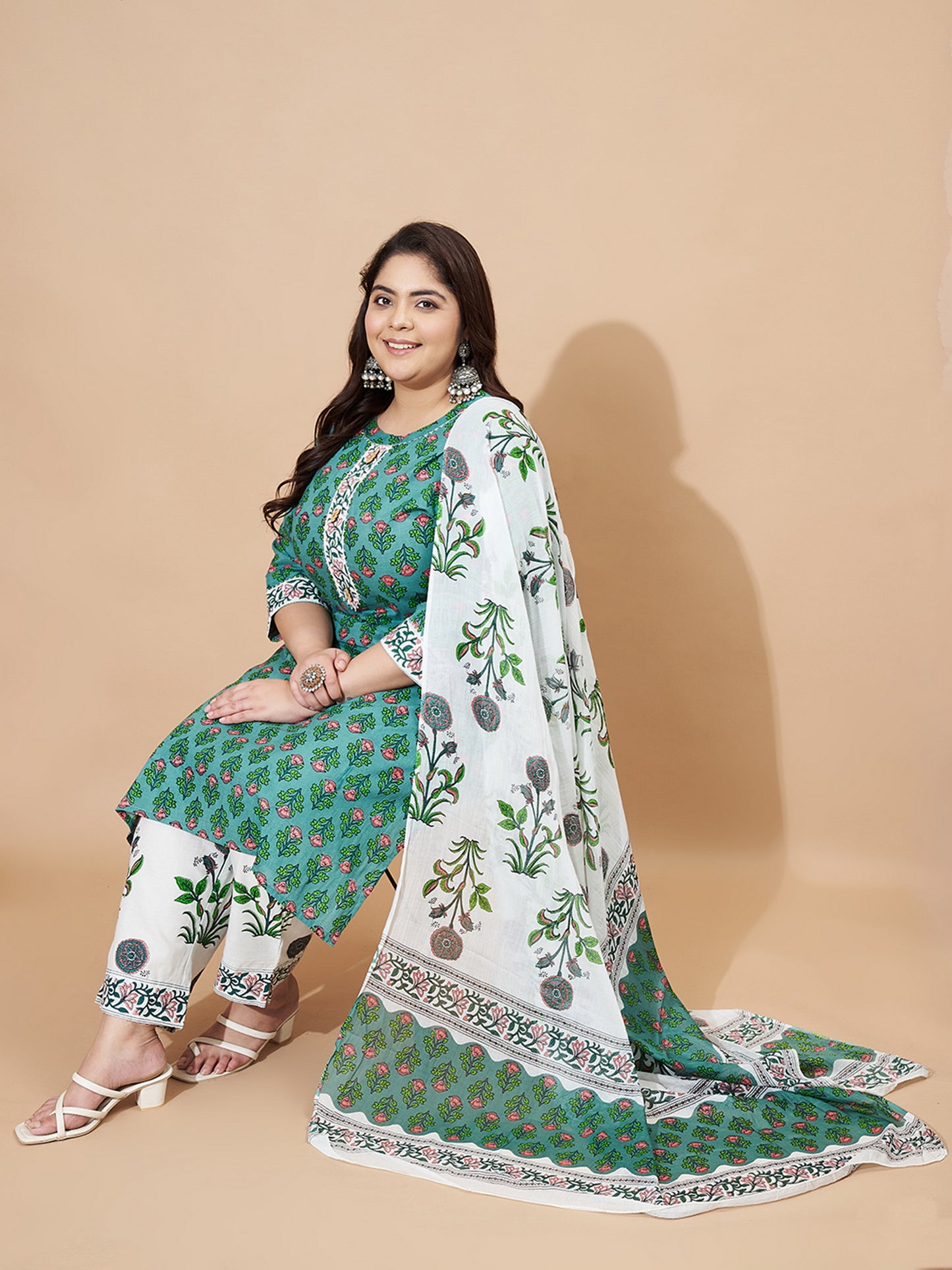 Green Floral Printed Straight Cotton Stiched Kurta Set  