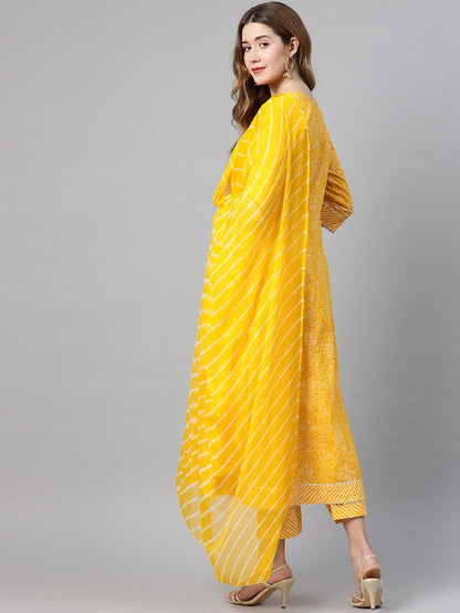 Yellow Bandhani Anarkali Cotton Kurta Set