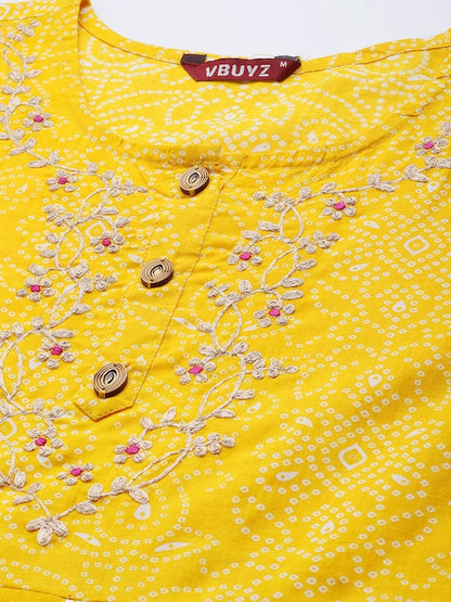 Yellow Bandhani Anarkali Cotton Kurta Set