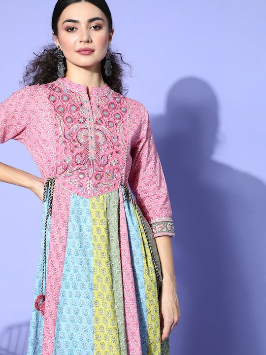 Multicolor Floral Embroidered Anarkali Cotton Kurta