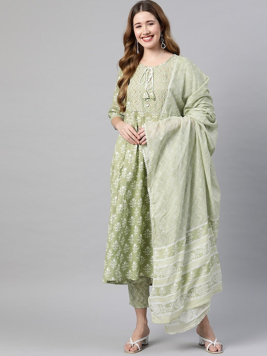 Pista Anarkali Cotton Kurta Set