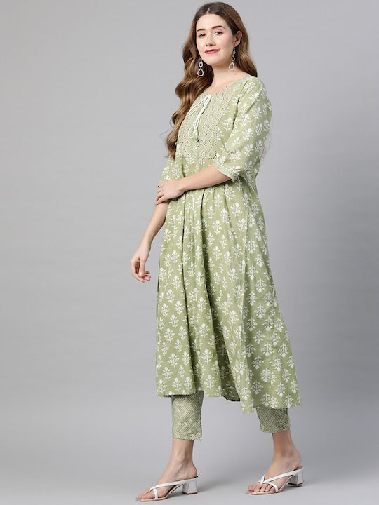 Pista Anarkali Cotton Kurta Set