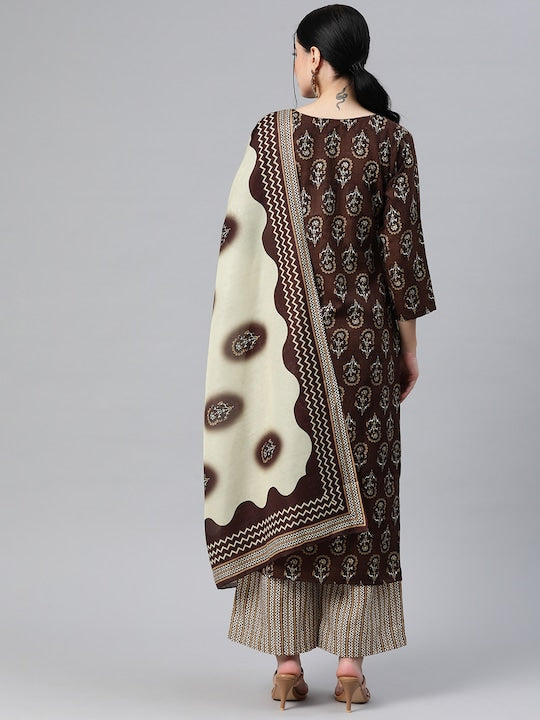 Brown Embroidered Straight Cotton Kurta Set