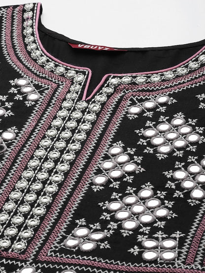 Rayon Black Embroidered A-line Kurta Pant