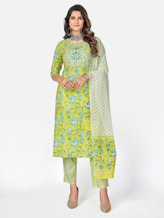 Lime Green Embroidered Straight Cotton Kurta Set