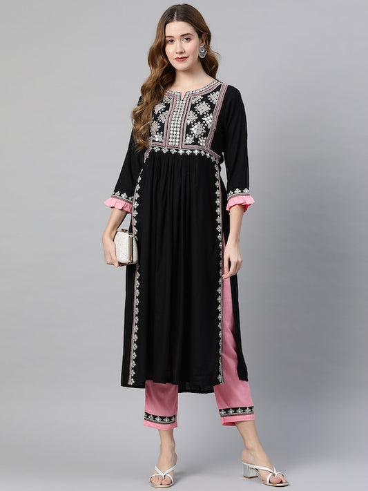 Black Embroidered A-line Rayon Kurta Pant