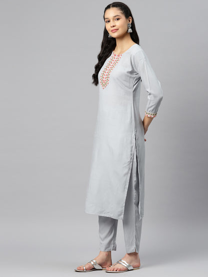 Grey Embroidered Straight Cotton Kurta Set
