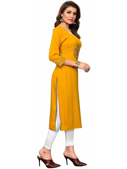 Yellow Embroidered Rayon Straight Kurti