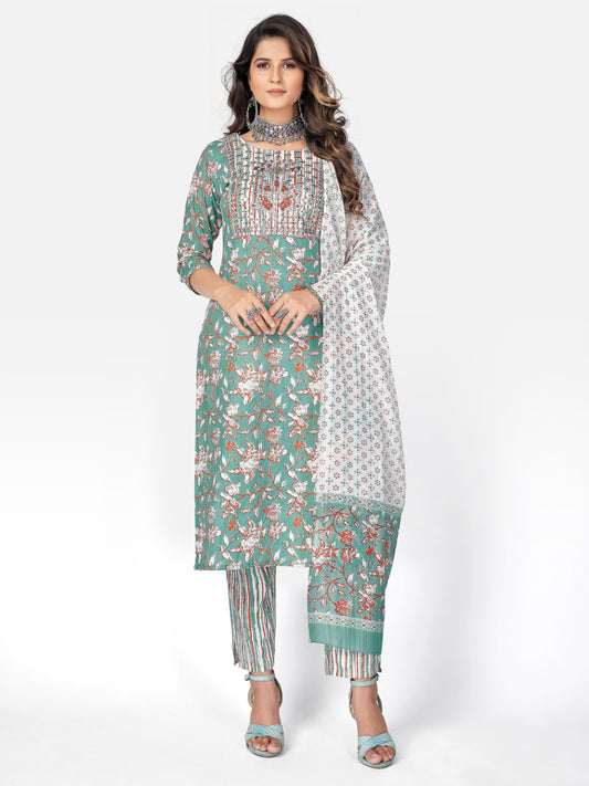 Sea Green Embroidered Straight Cotton Kurta Set