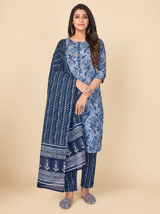 Light Blue Embroidered Straight Cotton Kurta Set