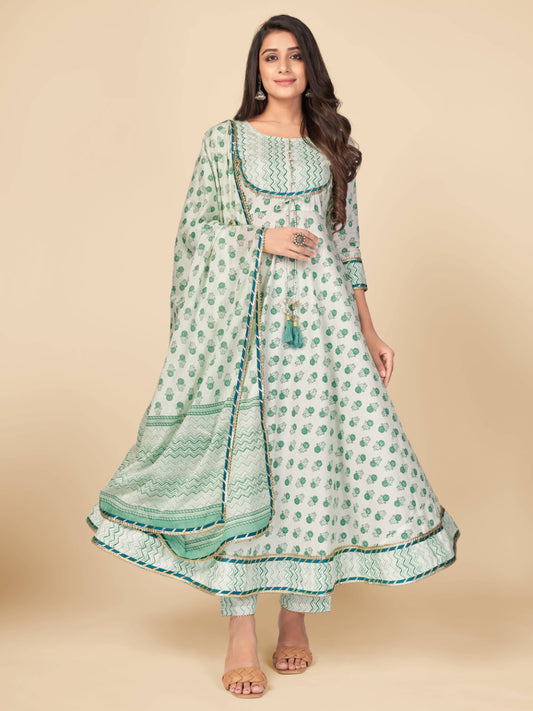 Green Embroidered Anarkali Cotton Kurta Set