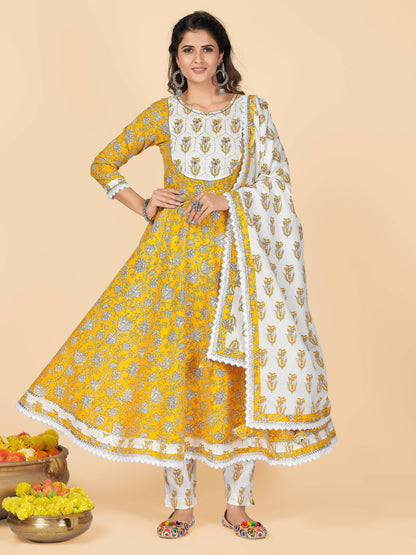 Yellow Embroidered Anarkali Cotton Kurta Set