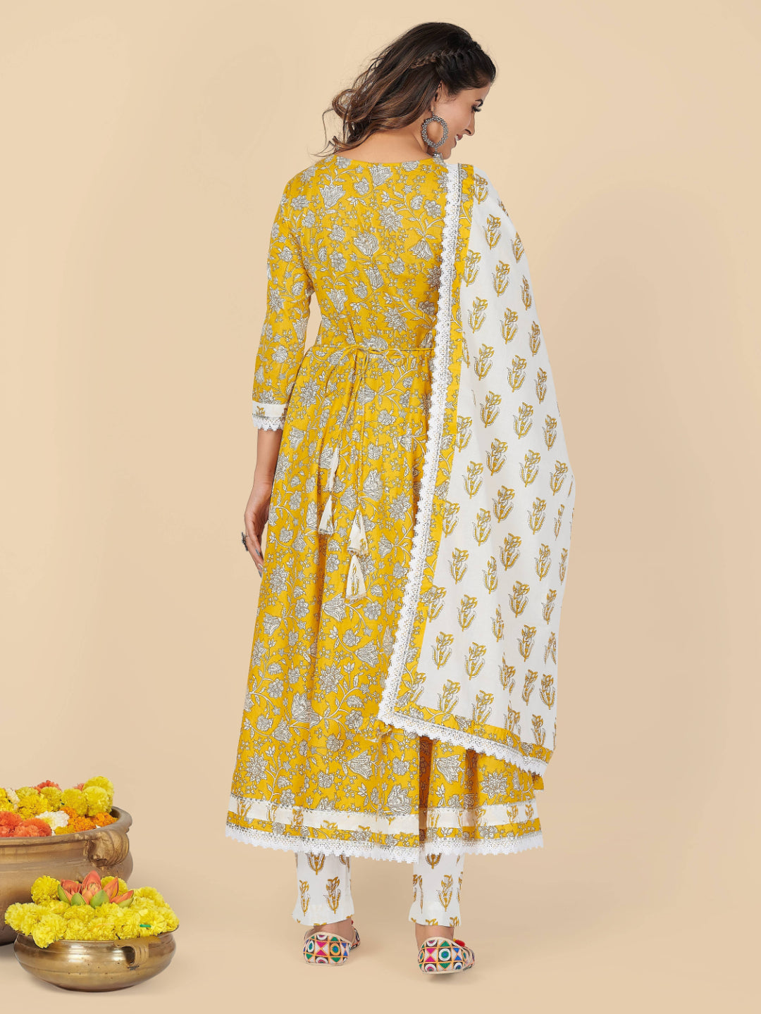 Yellow Embroidered Anarkali Cotton Kurta Set