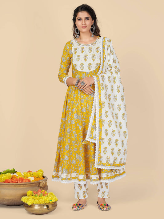 Yellow Embroidered Anarkali Cotton Kurta Set